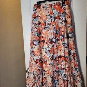 Floral Tiered Maxi Skirt in Orange and Cream